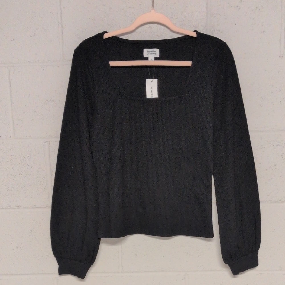 The Drop Lucyswhims Women's Ribbed Square Neck Balloon Long Sleeve Lucy Top NWT - Picture 2 of 13